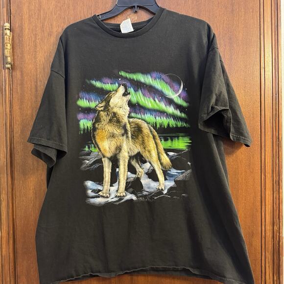 Delta VTG Nature Tee 2X Shirt Northern Lights Black Light Reactive Wolf Nerdy - Picture 1 of 4